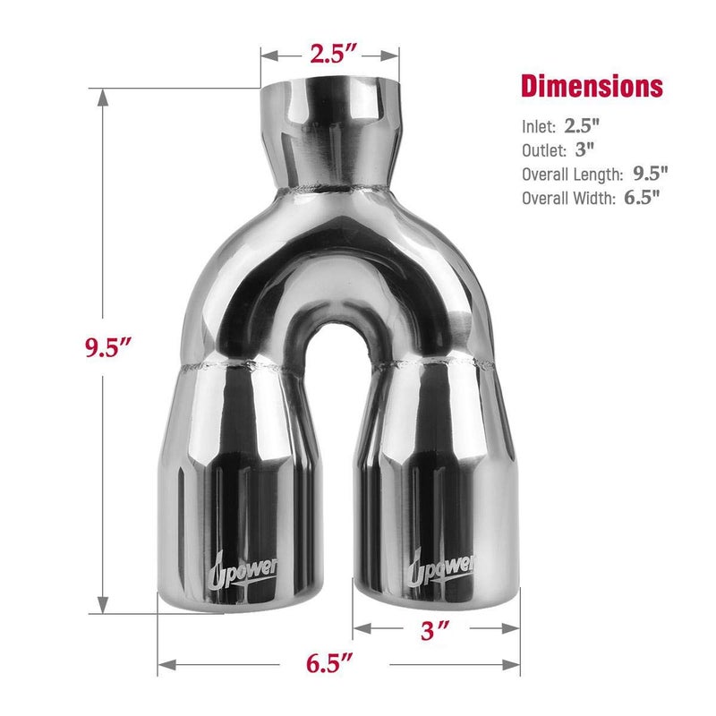Upower 2.5" to 3" Dual Exhaust Tip 2 1/2 Inch Inlet 3 Inch Outlet 9.5" Length Weld On Exhaust Tailpipe Tips 304 Polished Stainless Steel 1.2mm Thickness Double Wall Slant Rolled Edge - Image 4